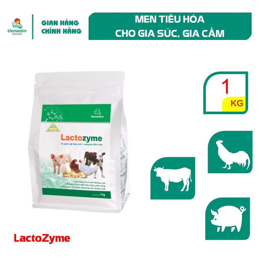 Vemedim Lactozyme thú y, thức ăn hỗ trợ hệ tiêu hóa cho gia súc, gia cầm, gói 1kg