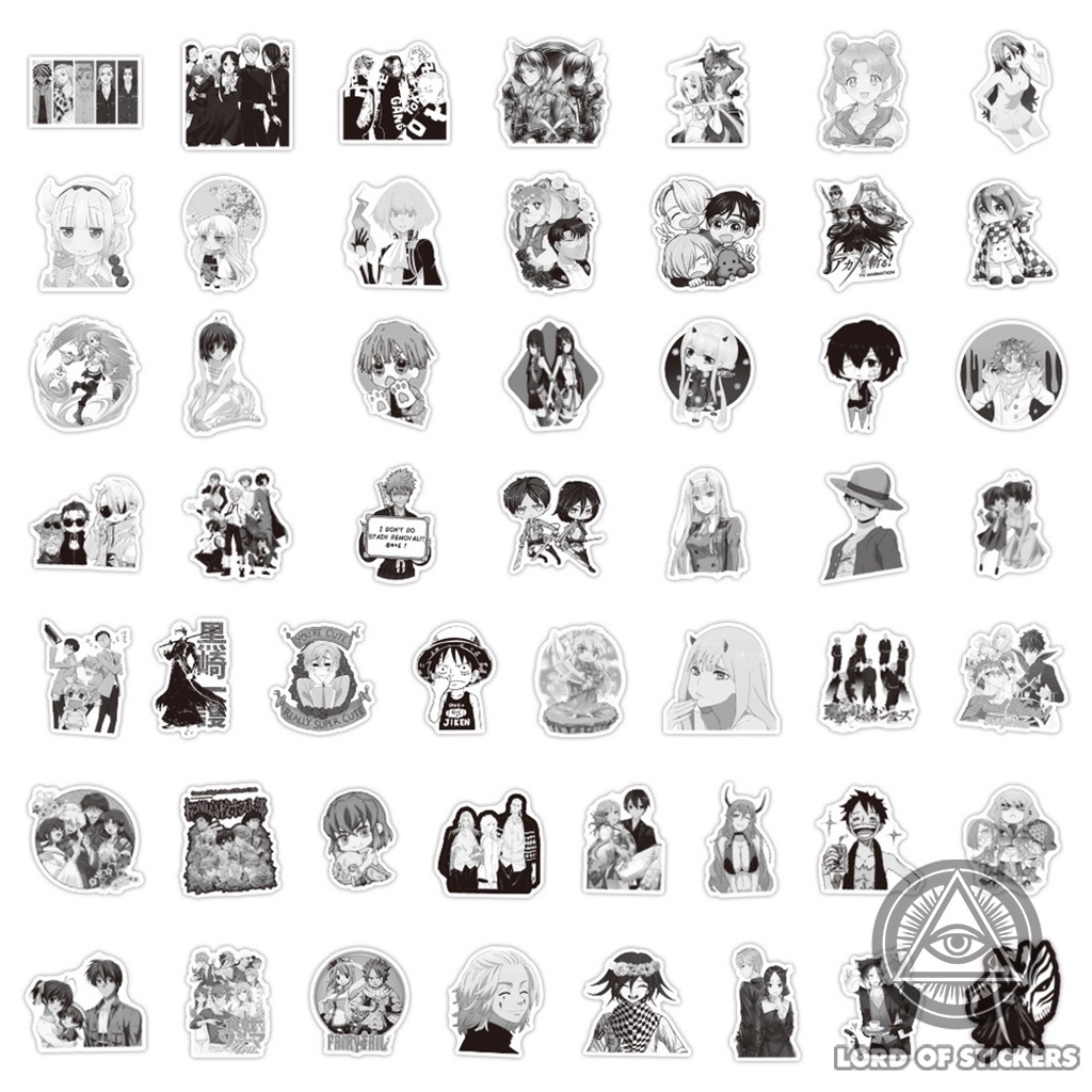 Set 200 Sticker Anime Manga Hình Nhân Vật Truyện Tranh Đen Trắng, Hình Dán Trang Trí Mũ Bảo Hiểm, Laptop, Xe, Vali, Sổ