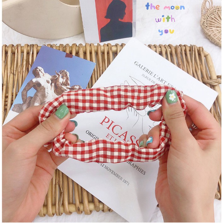 Dây buộc tóc, cột tóc vải scrunchies caro cao cấp, kiểu dáng dễ thương, phong cách Hàn Quốc