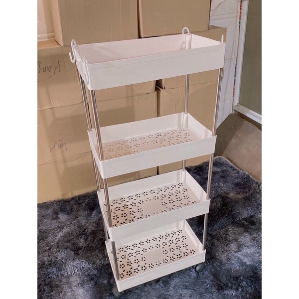 Kệ đựng đồ đa năng 4 tầng có bánh xe đẩy chuyên dụng cho spa, phòng tắm, bếp chất liệu inox cao cấp