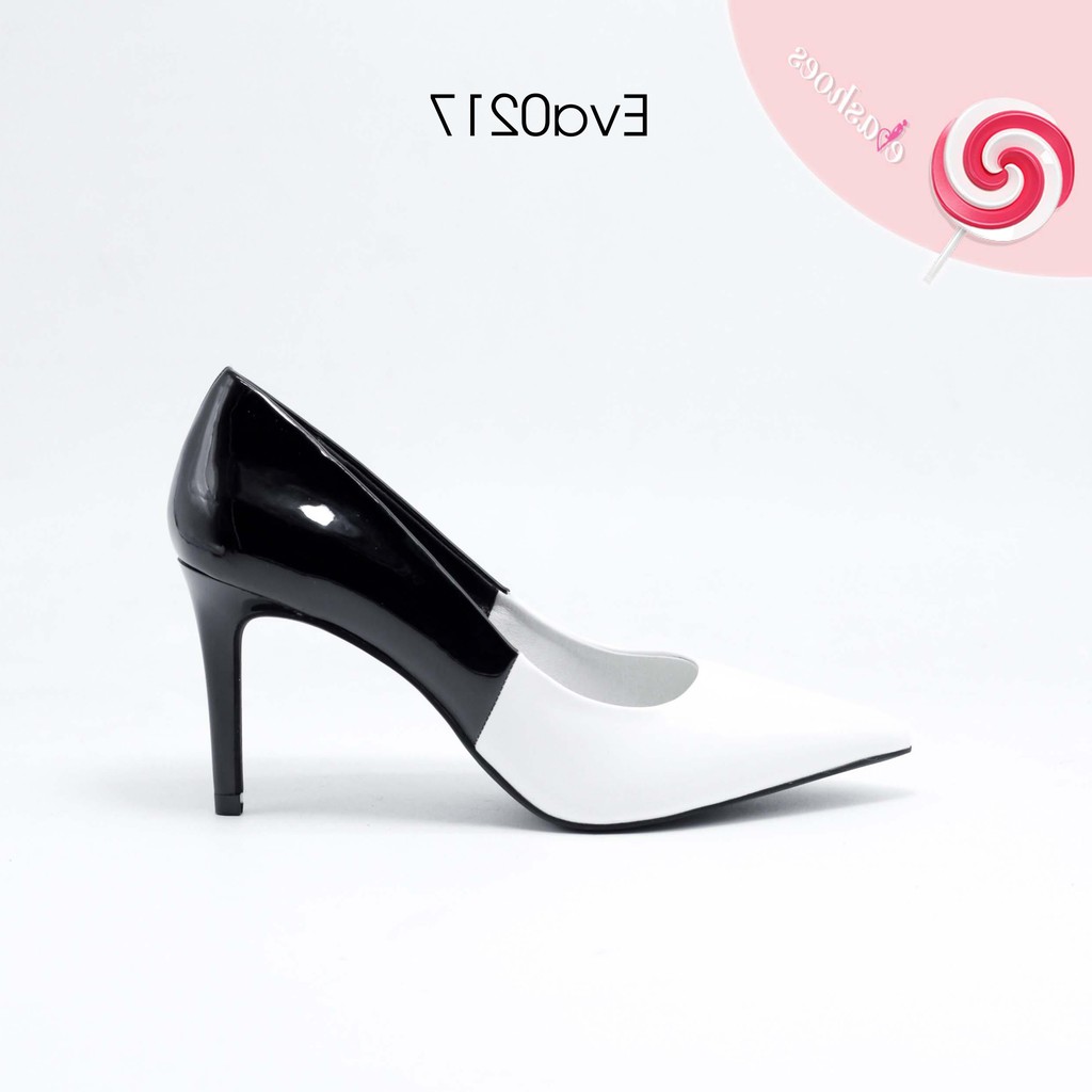 Giày Cao Gót Nữ Đen Trắng Mũi Nhọn Da Bóng Cao 7Cm Evashoes - EVA0217