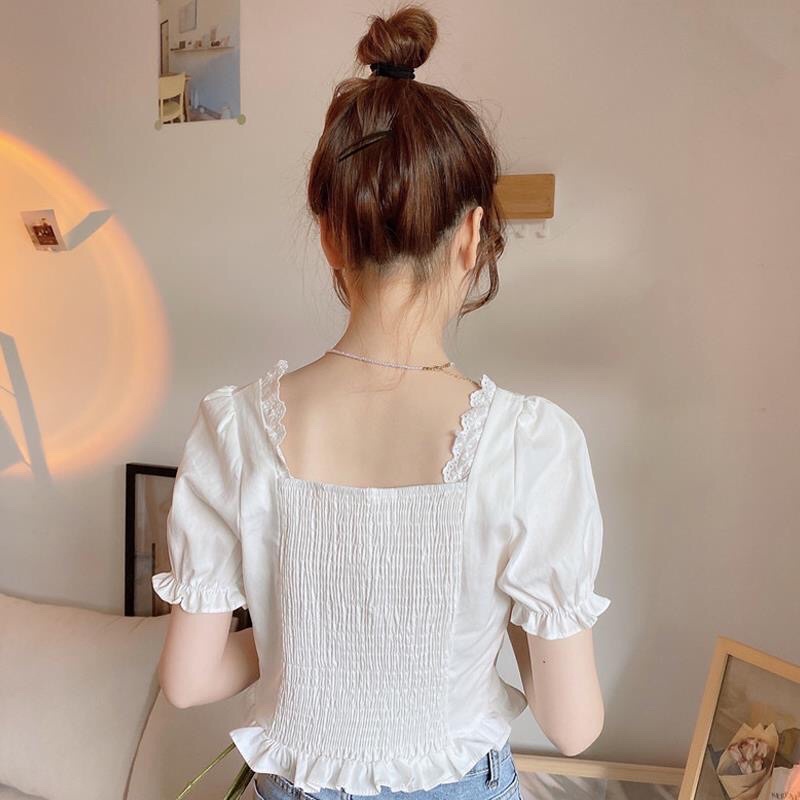 Áo Croptop tay ngắn cổ vuông có nơ phối bèo nhún dễ thương mã QD110