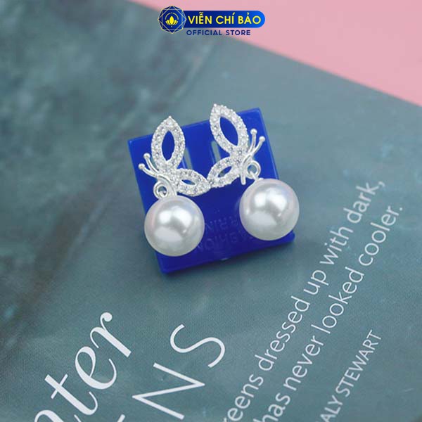 Bông tai bạc nữ Trái châu cánh bướm đính đá chất liệu bạc 925 thời trang phụ kiện trang sức nữ Viễn Chí Bảo B400444