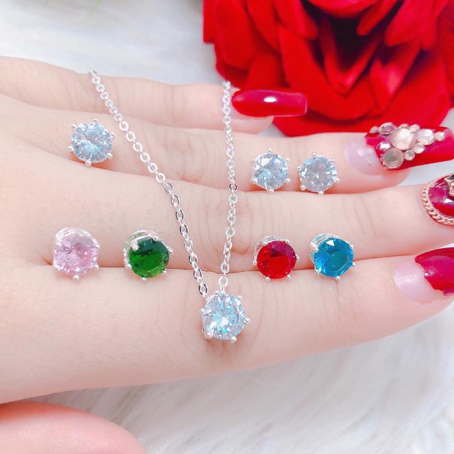 DÂY CHUYỀN NỮ BẠC TA - DÂY CHUYỀN MẶT NỤ ĐÁ 6 CHẤU NHIỀU MÀU