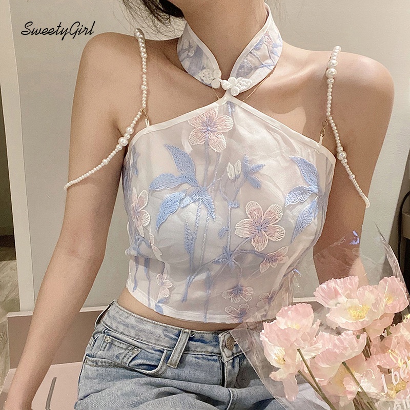 Áo Hai Dây Dáng Ôm Thêu Hoa Đính Ngọc Trai Có Khóa Kéo Hở Lưng Thời Trang