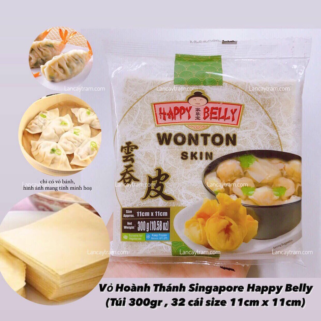 Vỏ hoành thánh/ Wonton Skin Singapore Happy Belly 300gr size 11*11cm hoành thánh đông lạnh