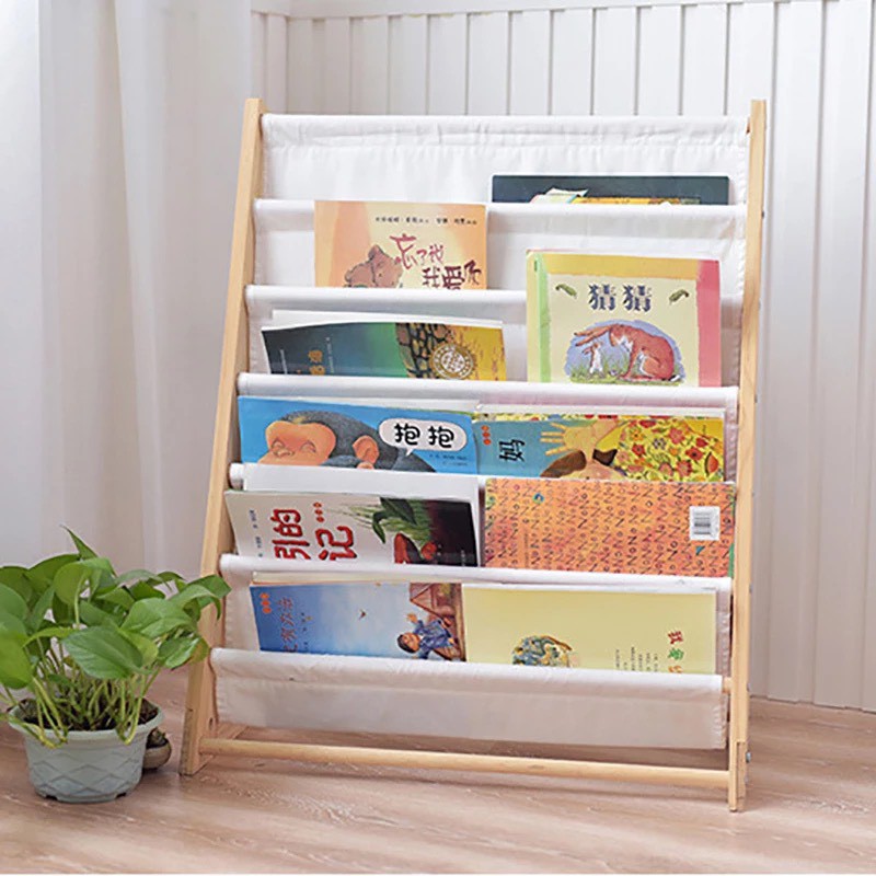 Kệ sách Montessori 7 tầng làm từ 100% gỗ thông tự nhiên và vải canvas cho bé đựng sách nuôi dưỡng tình yêu đọc sách