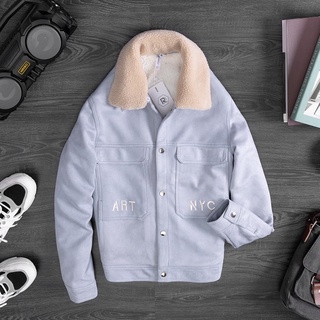 áo khoác da lộn cổ lông thêu chữ Hoài tiết sang trọng cho nam giới