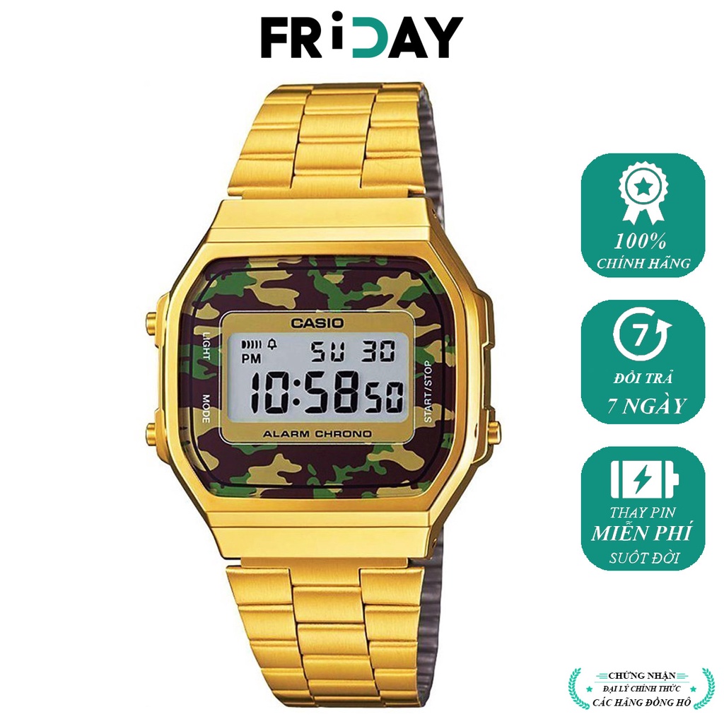 Đồng hồ Casio nam điện tử A168WEGC-3DF chính hãng, mặt vuông, dây kim loại