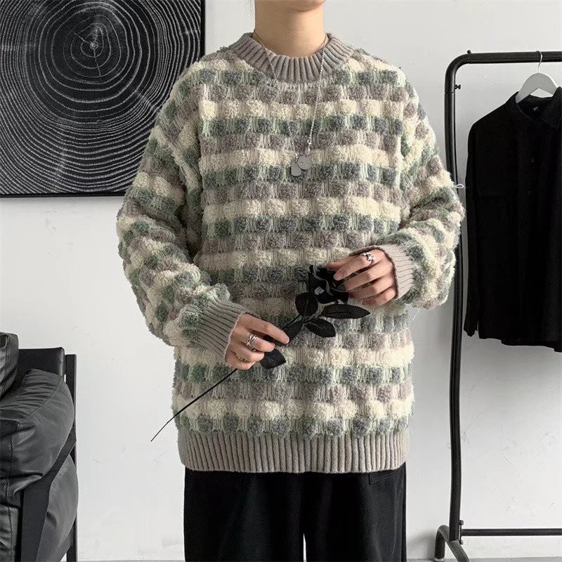 Áo len tay dài họa tiết kẻ lưới thời trang dành cho nam