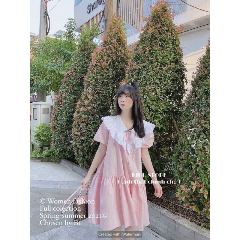 Đầm baby doll dáng xòe .Đầm tay phồng có hình thật