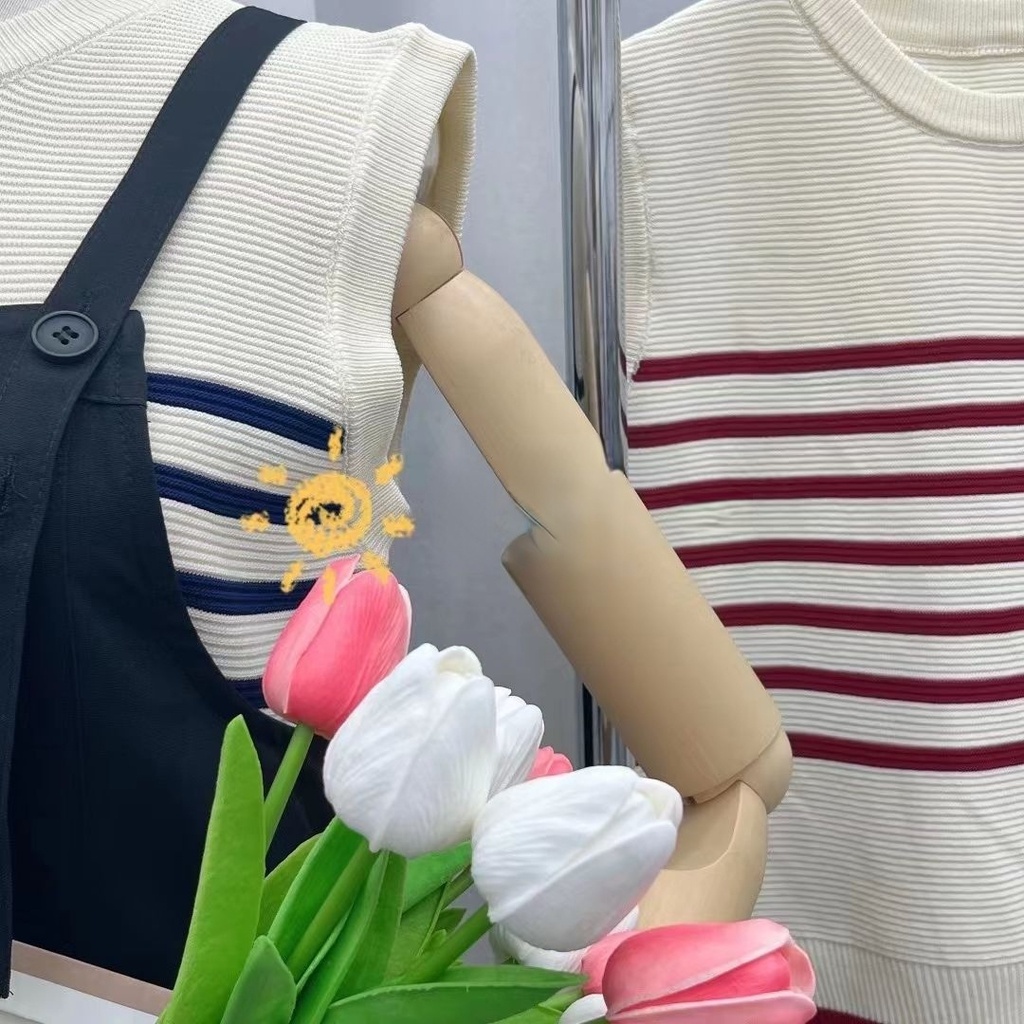 Áo Sweater Dệt Kim Sát Nách Cổ Tròn Dáng Rộng Kẻ Sọc Thời Trang Mùa Hè Mới Cho Nữ