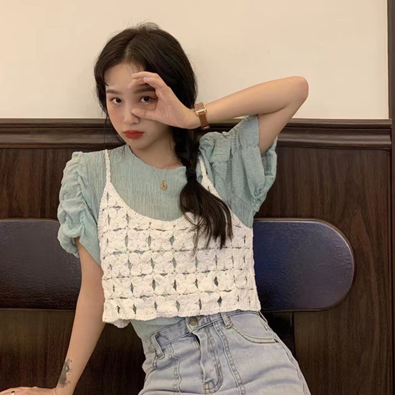 Brroa Ins Áo Crop Top Không Tay Cổ Tròn Ngọt Ngào Phong Cách Boho Mùa Hè Cho Nữ