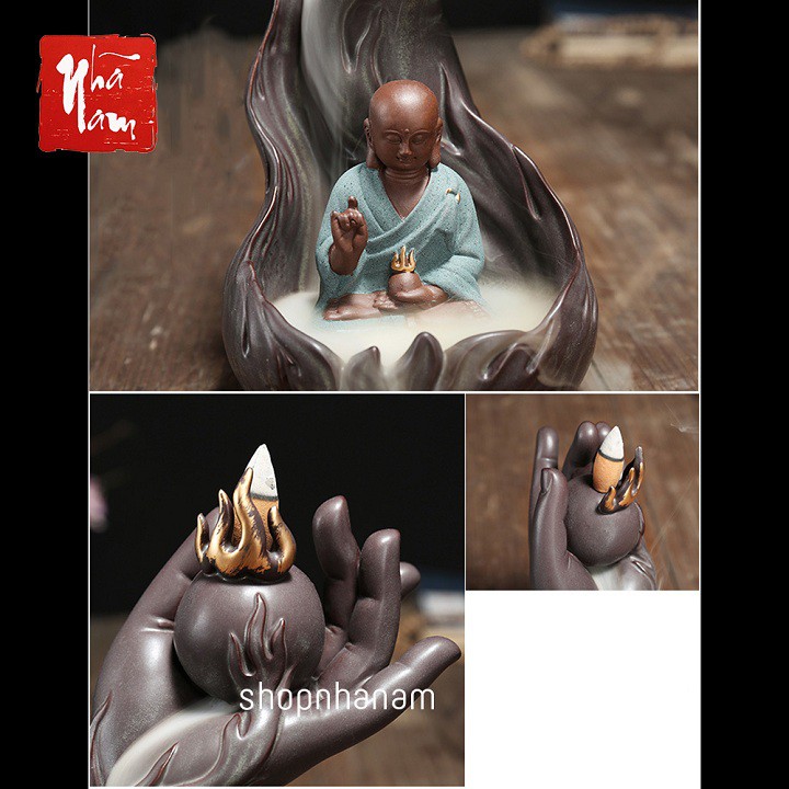 [Bán sỉ] Thác khói trầm hương để bàn tặng 3 nụ trầm phật địa tạng vương bồ tát tọa thiền bên dòng thác khói