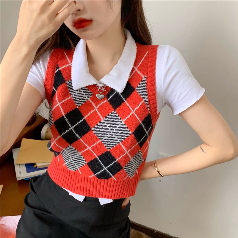 Áo không tay IELGY dệt kim hình thoi cổ V chui đầu retro phong cách học đường