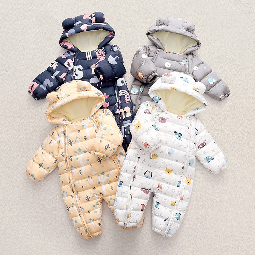 Áo liền quần BEAR LEADER vải cotton dày ấm áp in hoạt hình gấu thời trang mùa đông 2022 cho bé sơ sinh