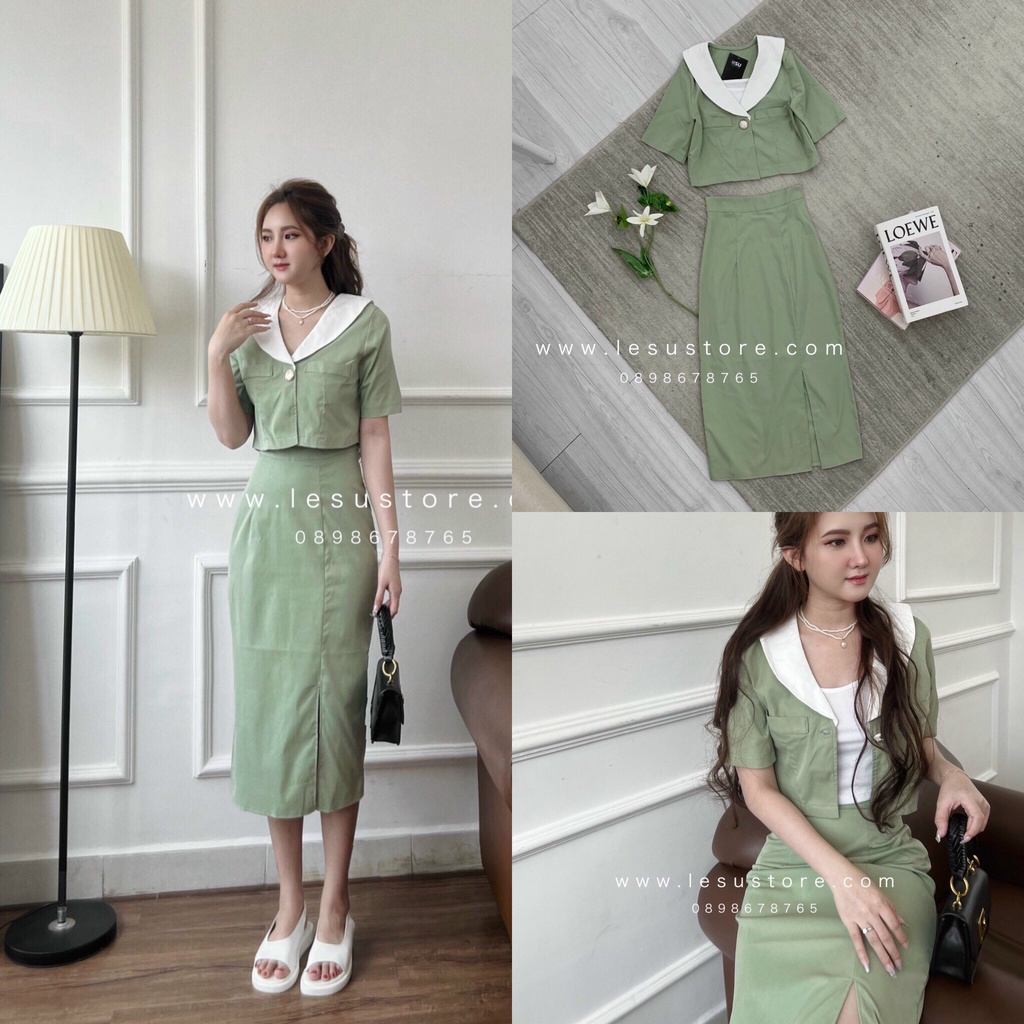 ẢNH TỰ CHỤP Set 3c Croptop vest chân váy bút chì XANH MINT