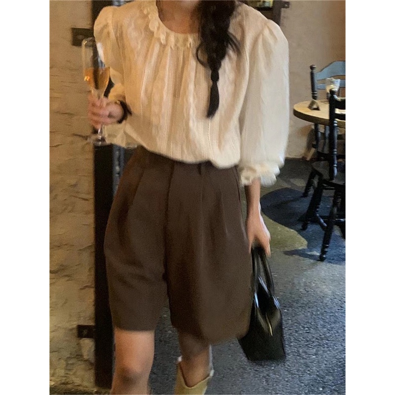 Áo Nữ Tay Dài Cổ Tròn Phối Ren Phong Cách Hàn Quốc