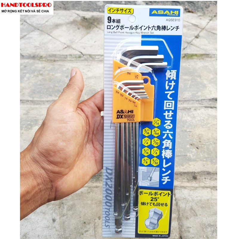 Bộ lục giác đầu bi hệ inch NHẬT BẢN 9 món xi trắng ASAHI AQSE910
