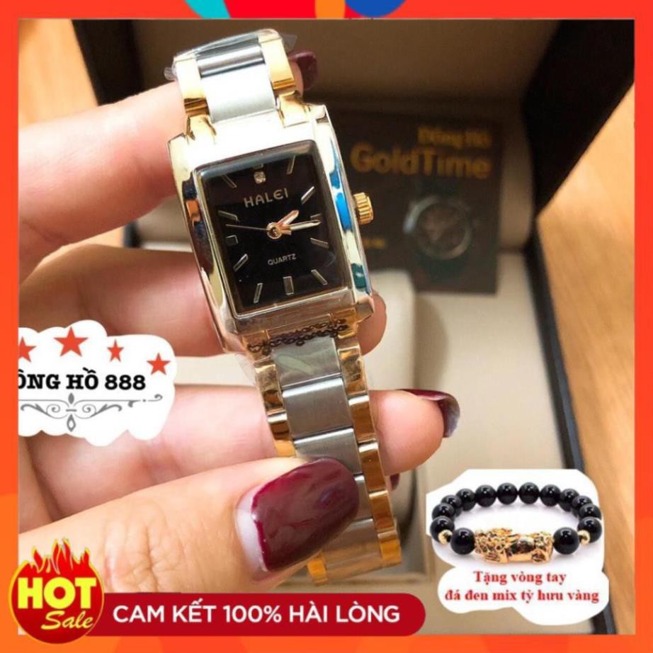 Đồng hồ nữ HALEI chính hãng mặt vuông size 26mm dây thép đờ mi pha 2 màu không ghỉ chống bay màu chống xước chống nước