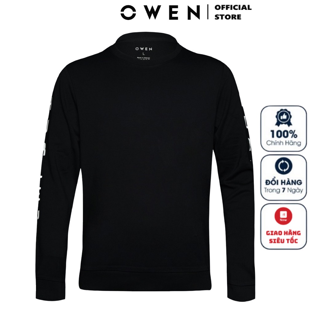 Áo Thu Đông Nam Thun Dài Tay Cao Cấp OWEN HD23282 Cổ Tròn Tay Và Gấu Áo Suông Màu Đen In Chữ Dọc Cánh Tay Chất Visco