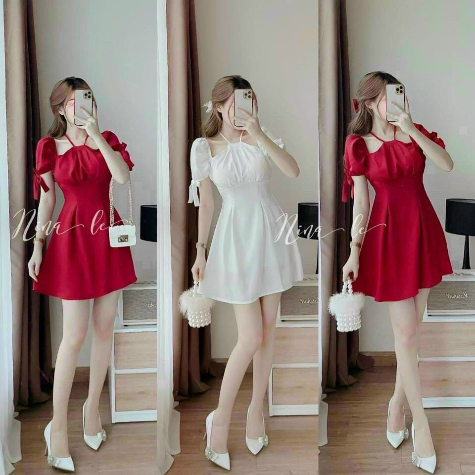 Váy đầm nữ dáng xòe cổ yếm hở vai tay cột nơ dễ thương