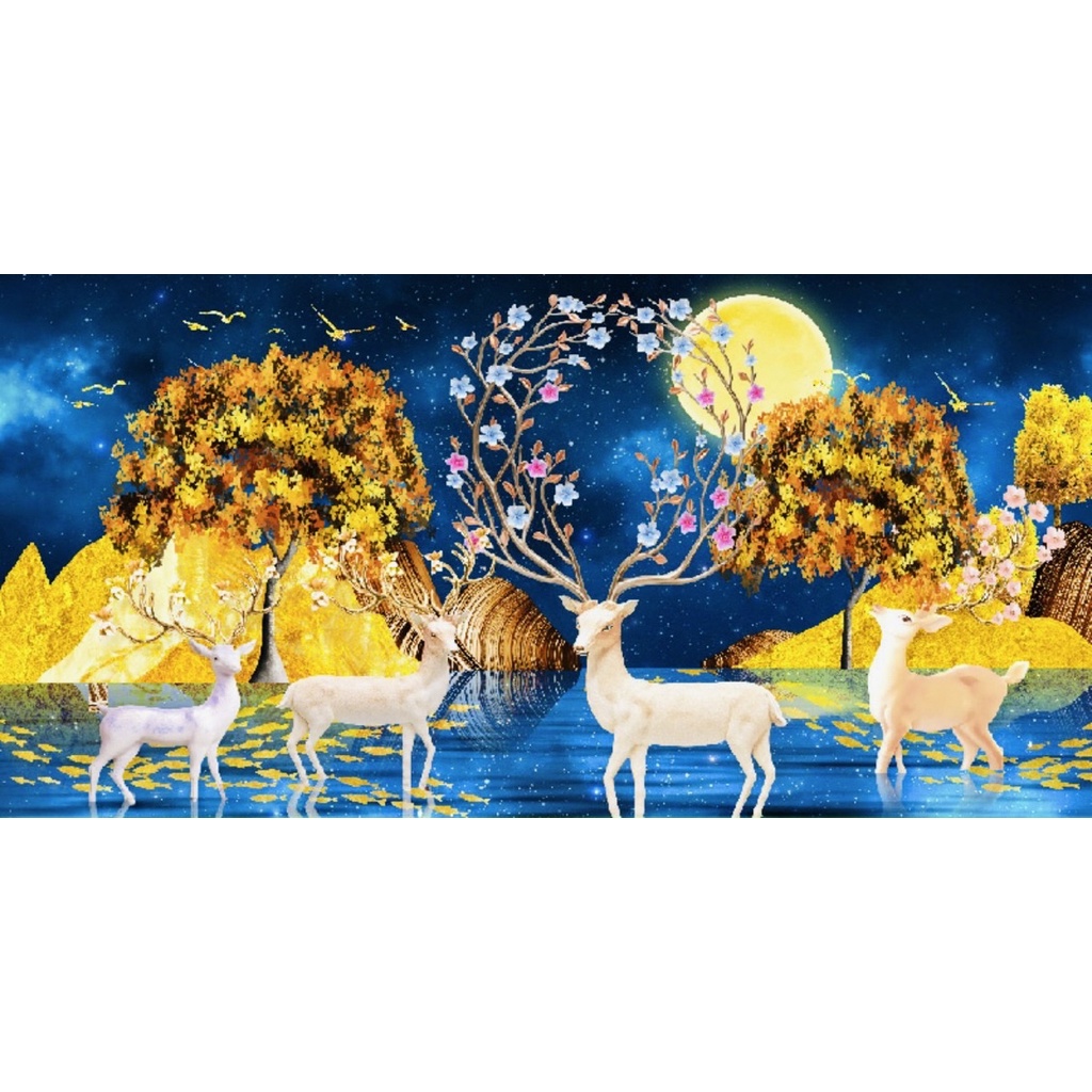 Tranh Thêu Kín-Tranh Đính Đá Hươu Tài Lộc E89,6291