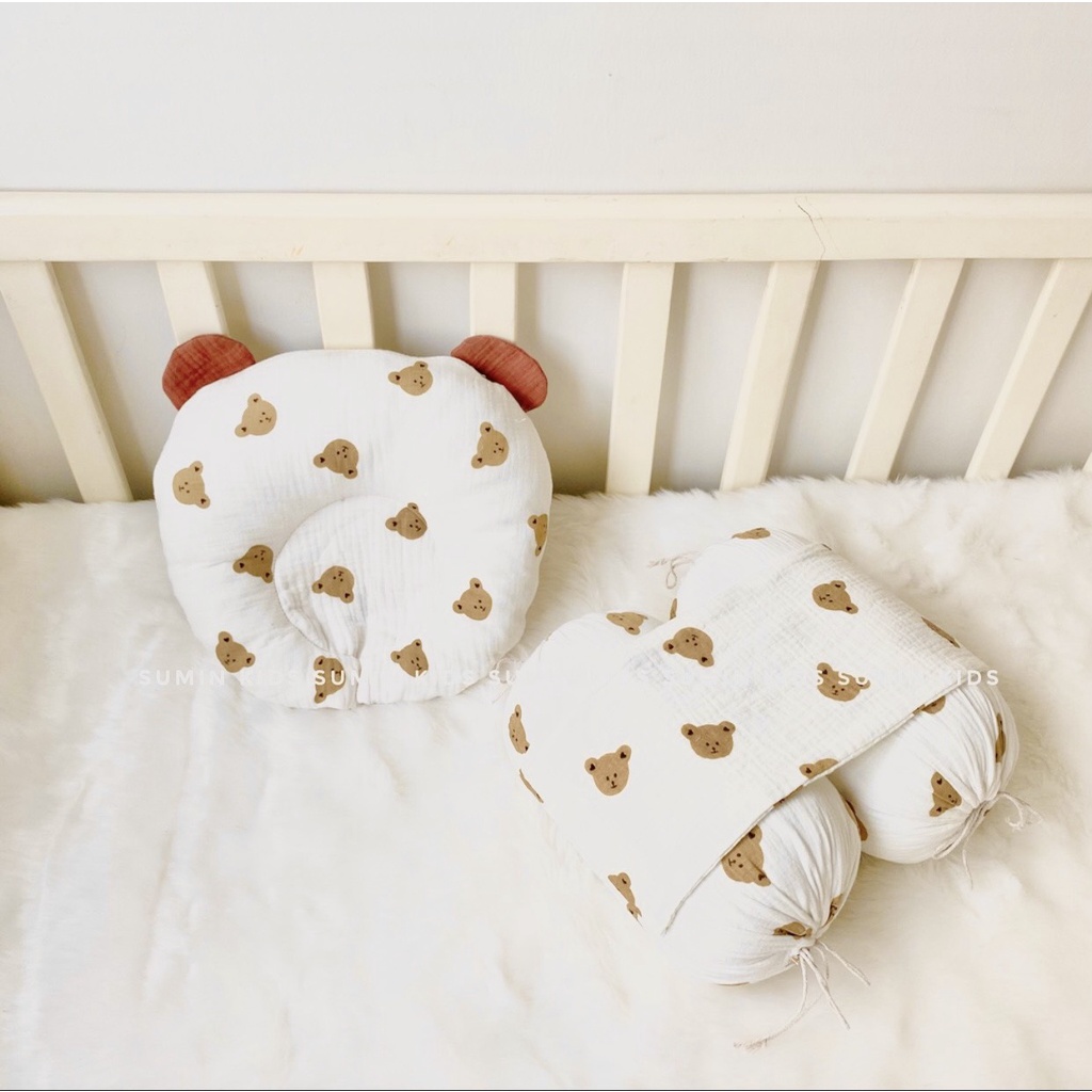 Gối cho bé sơ sinh, gối chống bẹp đầu, gối chống méo đầu cho bé vải xô muslin cao cấp SUMIN