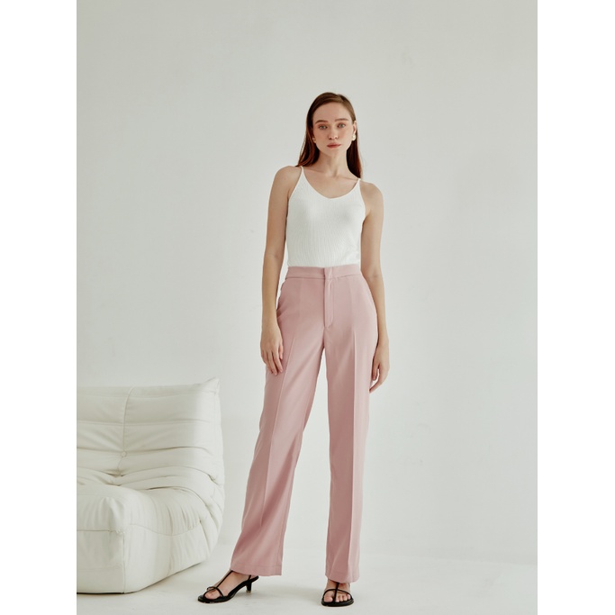 COCO SIN - Quần Nữ Hồng Pastel Ống Rộng Suôn Dài Lưng Cao Công Sở
