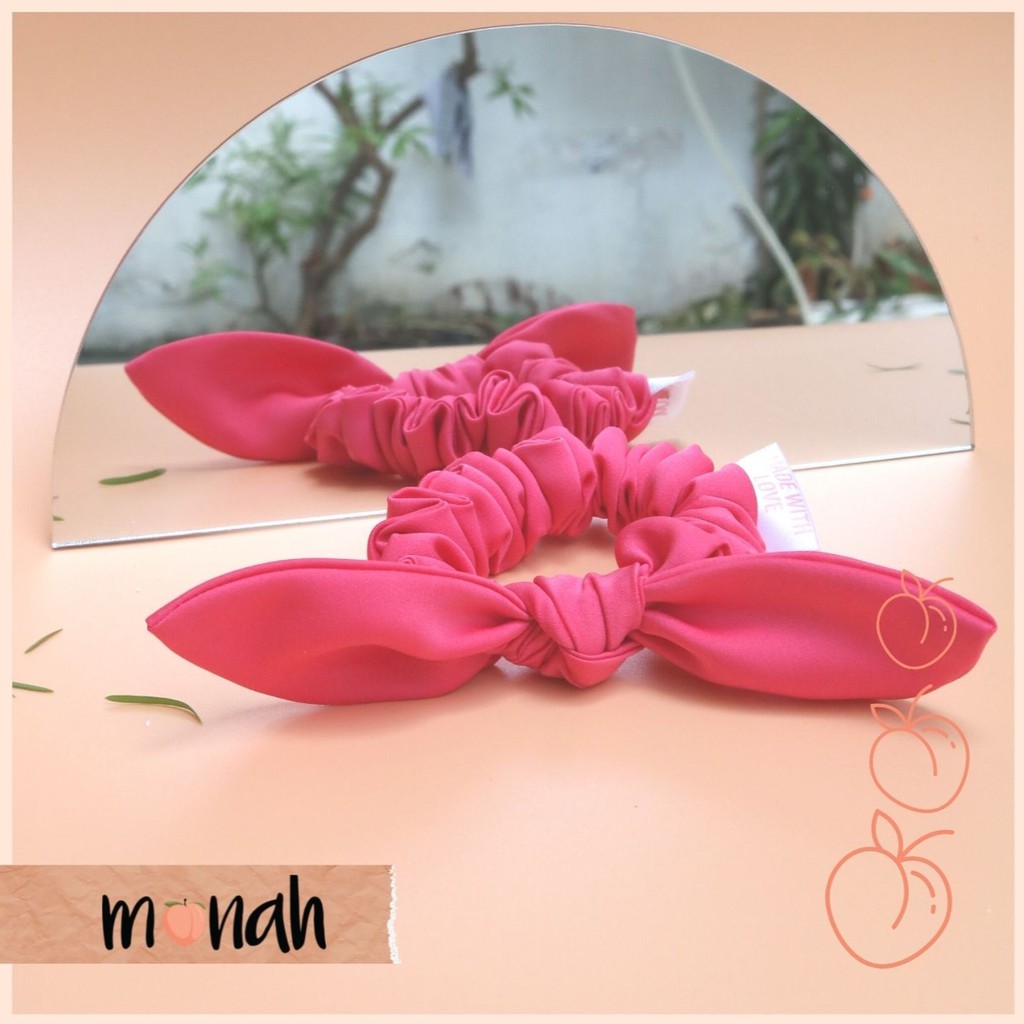 Dây cột tóc, buộc tóc scrunchie thắt nơ tai thỏ lụa hồng cao cấp