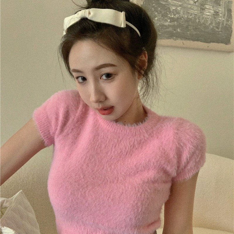 Áo sweater vải nhung lông chồn cổ tròn tay ngắn kiểu chui đầu ôm dáng thời trang thu đông 2021 cho nữ