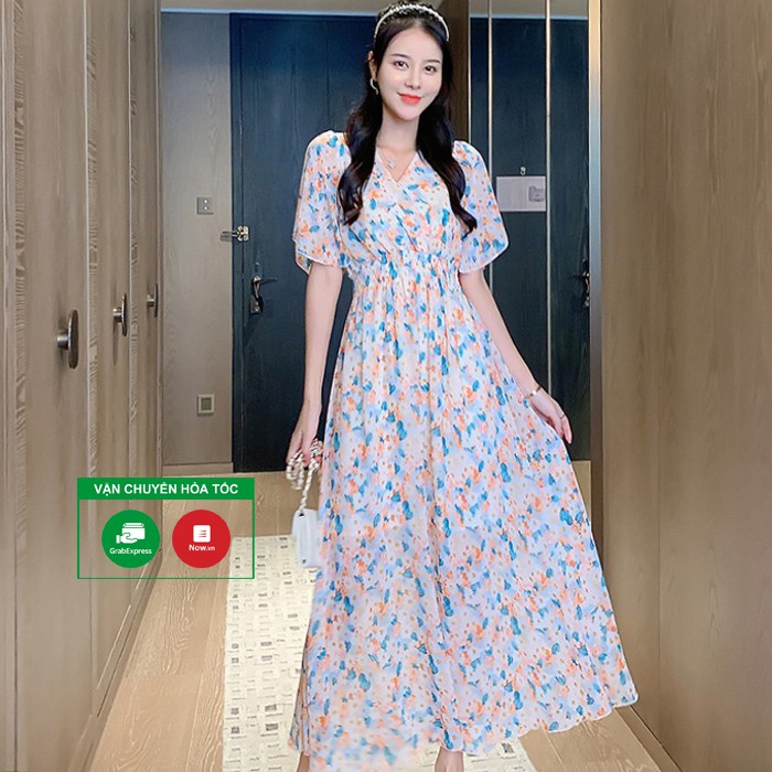 Đầm maxi chiết eo, họa tiết hoa rơi, váy nữ dáng dài, chất Voan