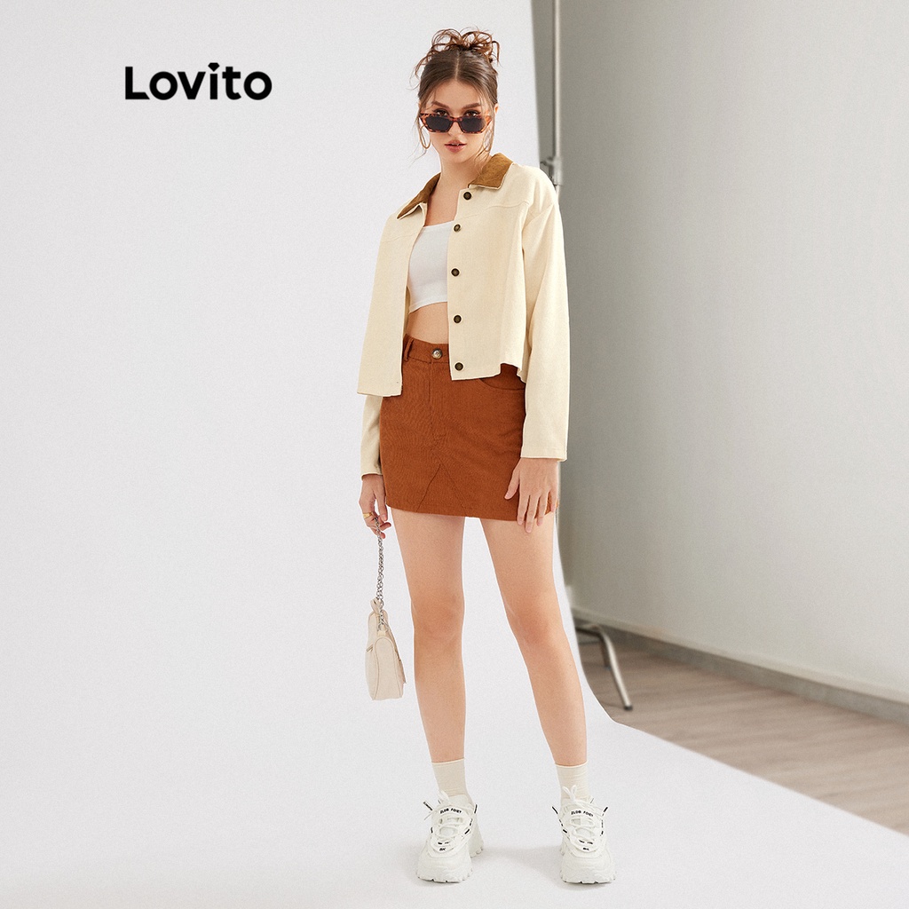 Áo khoác Lovito có nút họa tiết cây cỏ ghép nối màu sắc phong cách thường ngày L30ED061 (màu kaki)