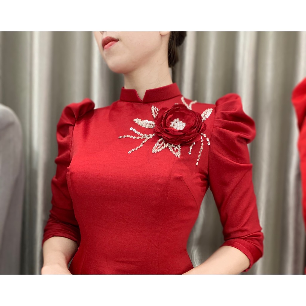 Áo dài tây thi hoa nổi cao cấp_tông màu đỏ sang chảnh
