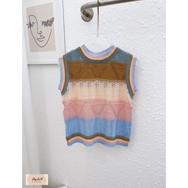 Áo len sát nách tone hồng nâu phối màu cực yêu luôn