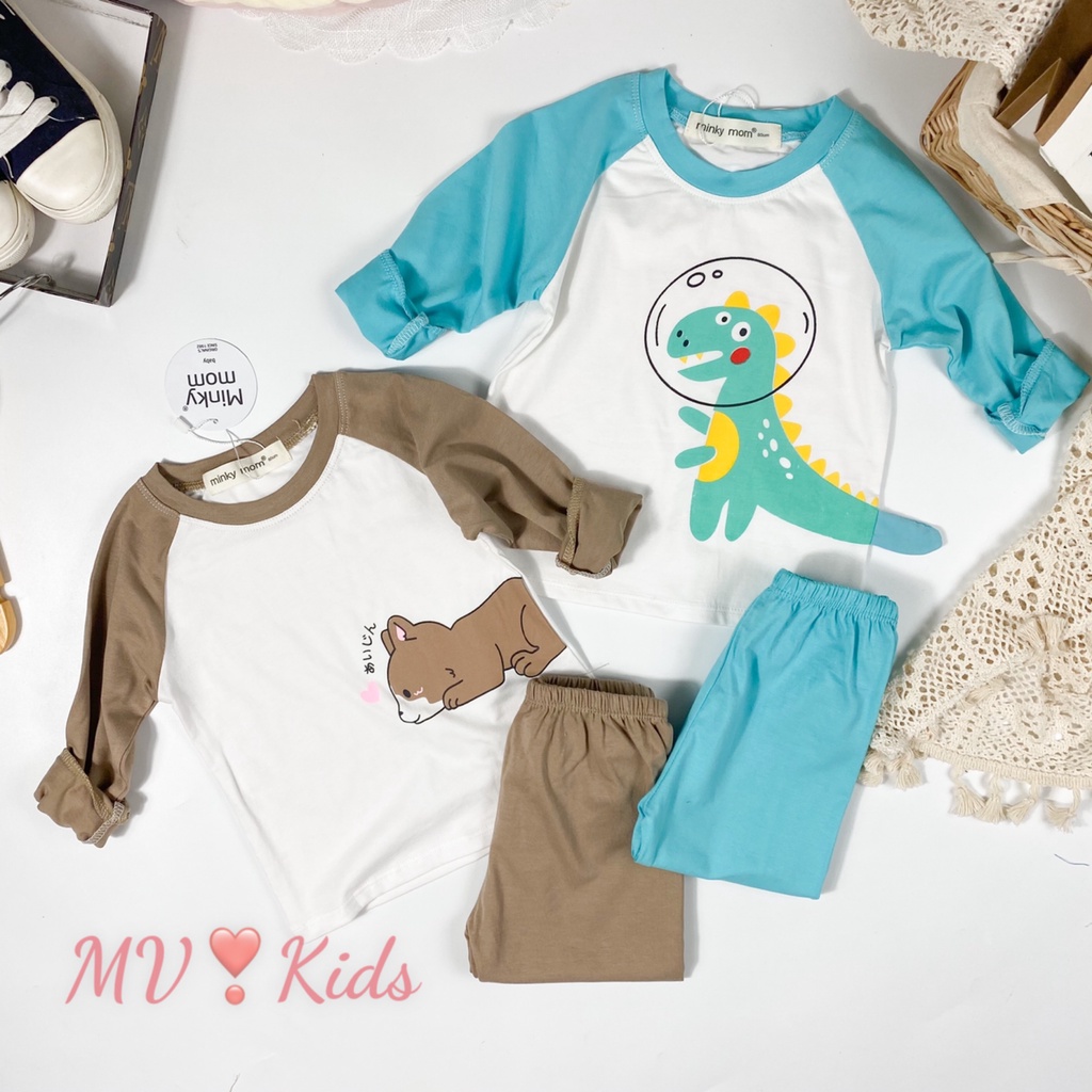 [SALE] Bộ Dài Tay Cho Bé Trai, Bé Gái Minky Mom Vải Cotton 100% Khủng Long 3D, Đồ Bộ Cho Bé Mặc Nhà Thu Đông MKMTD2150