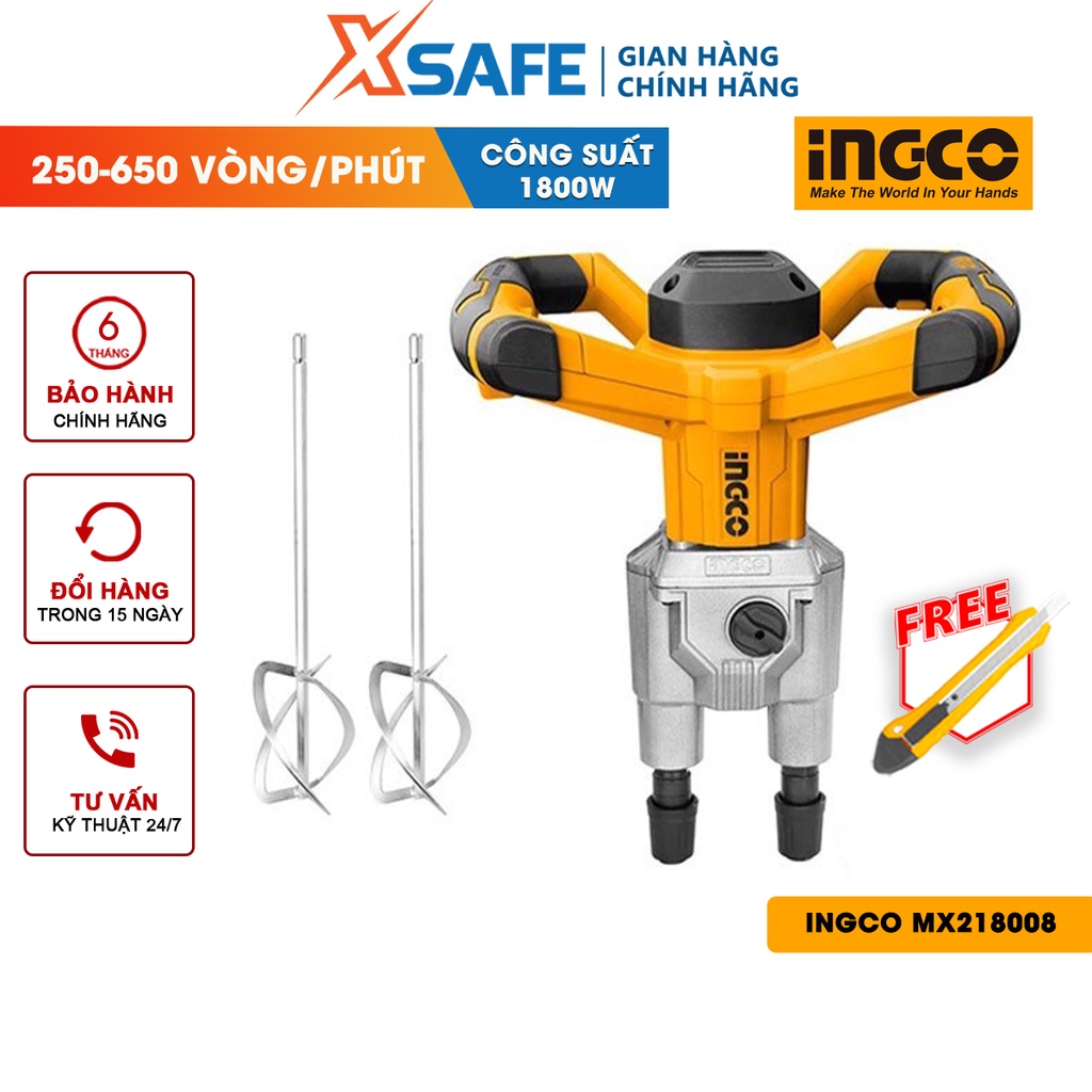 Máy trộn sơn INGCO MX218008 1800W tốc độ không tải 180-480rpm/250-650rpm, đầu nhôm, kèm 2 cần trộn