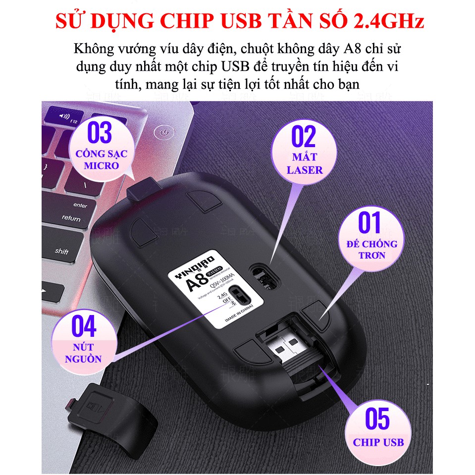 Chuột máy tính A8, chuột không dây có thể sạc pin như điện thoại, kết nối bluetooth và đầu thu USB