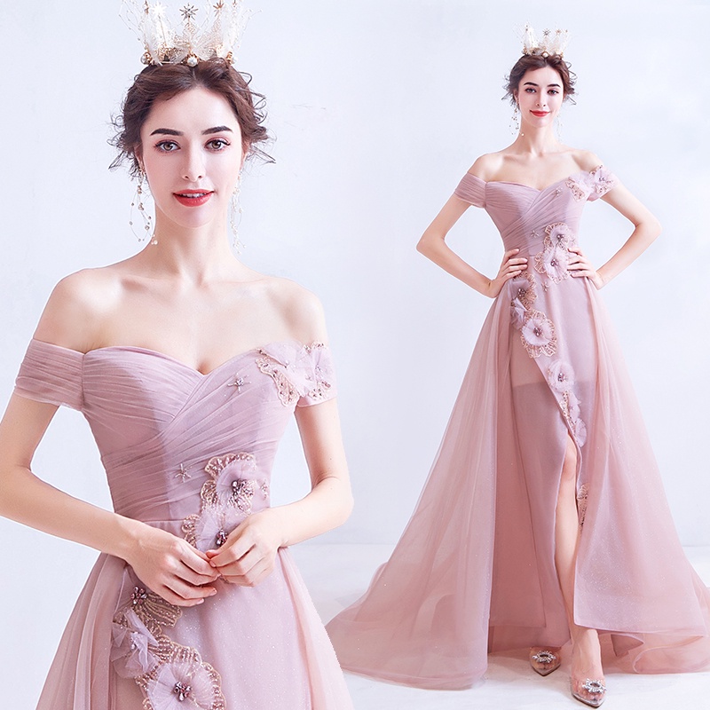 ✉﹊☸Váy cưới thiên thần màu hồng nude tinh khiết cô dâu váy cưới bánh mì nướng tiệc họp thường niên váy cưới dạ hội bán b