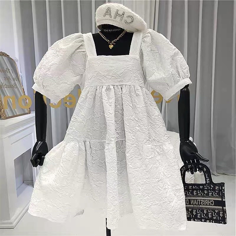 Váy đầm babydoll cổ vuông xanh trắng, dáng xoè tay phồng siêu xinh bầu bon chen  phong cách hàn quốc