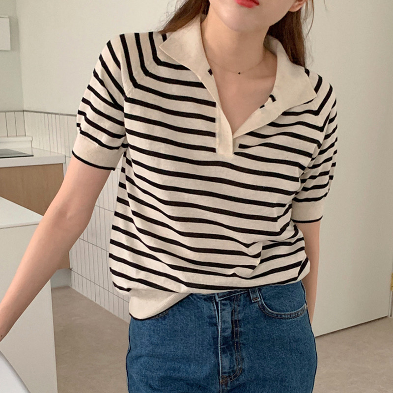 SUXI Áo tay ngắn họa tiết kẻ sọc phong cách Hàn Quốc trẻ trung cho nữ