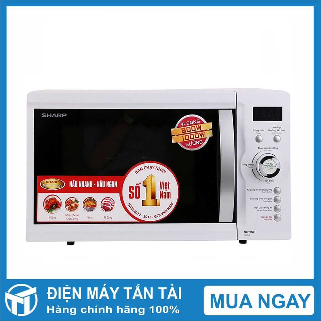 LÒ VI SÓNG SHARP R-G371VN-W , Dung tích:23 lít , Công suất 800 - 1000 W ,Rã đông, hâm, nấu, nướng