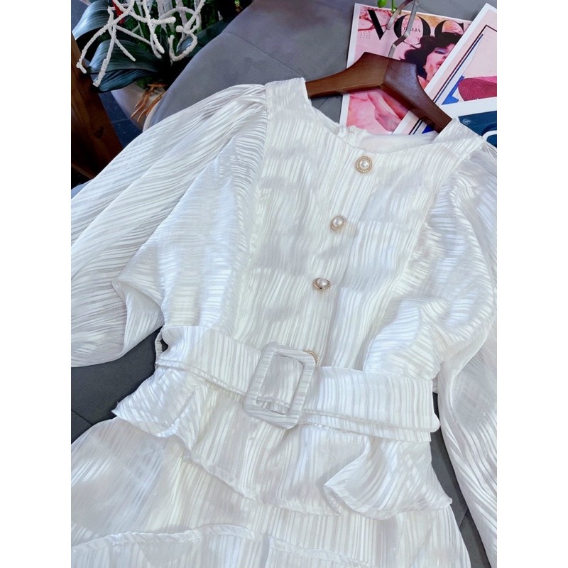 Đầm dự tiệc màu trắng bèo xếp tầng kèm belt siêu hot | BigBuy360 - bigbuy360.vn