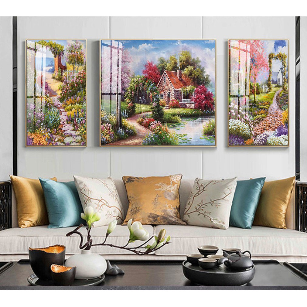 Bộ 3 Tranh Treo Tường Sơn Dầu Phong Cảnh Ngôi nhà vườn hoa Châu Âu - Trang trí phòng khách phòng ngủ - Melyhome Decor