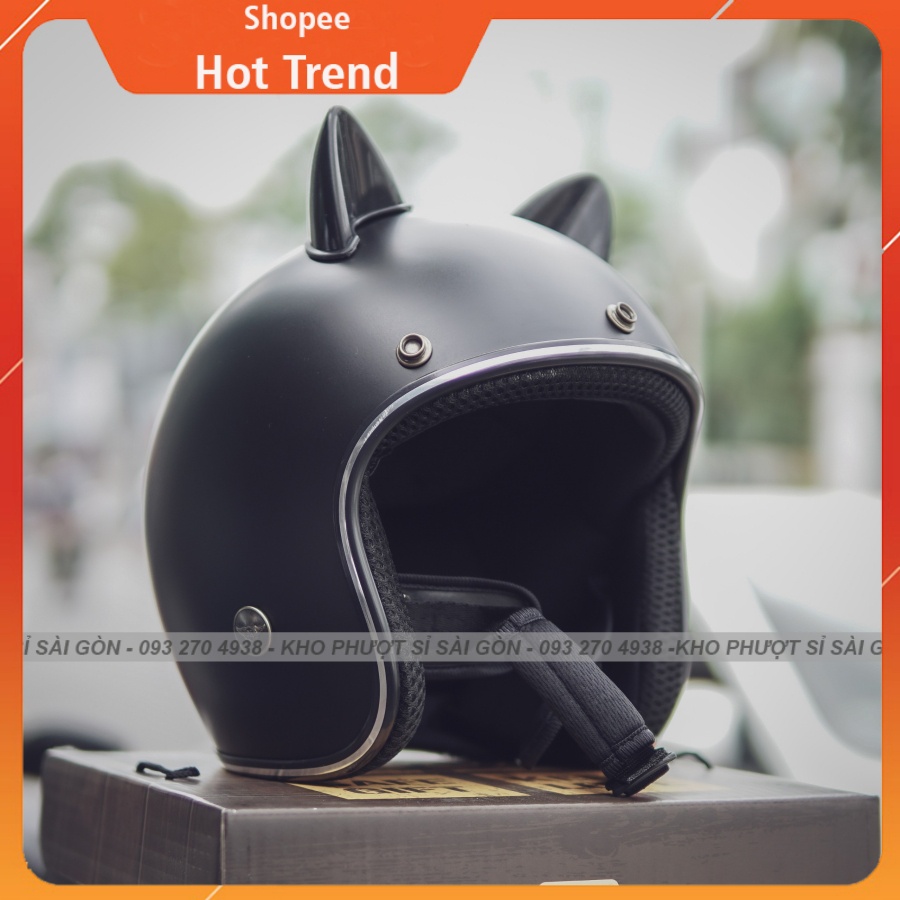 CÓ VIDEO - nón bảo hiểm 3/4 đen lót đen gắn tai mèo nhựa ngắn cực cute - Nón 3/4 tai mèo màu đen nhám