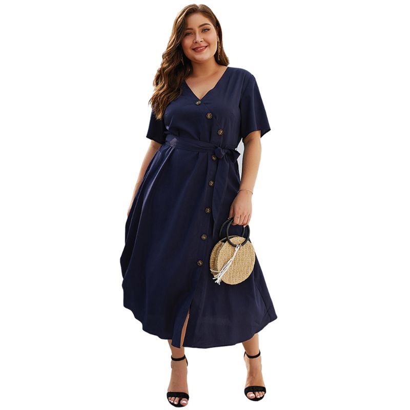 Đầm Midi Tay Ngắn Cổ Chữ V Cài Nút Phong Cách Thời Trang Vintage Dành Cho Nữ Plus Size