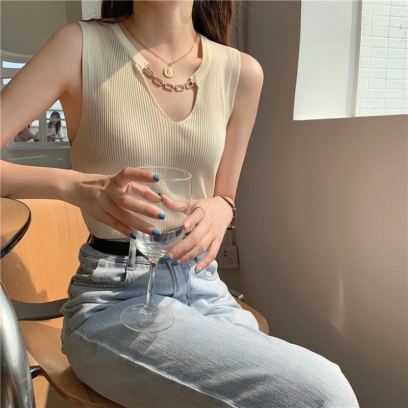 Áo Dệt Kim Không Tay Cổ Chữ V Form Ôm Thời Trang Mùa Hè