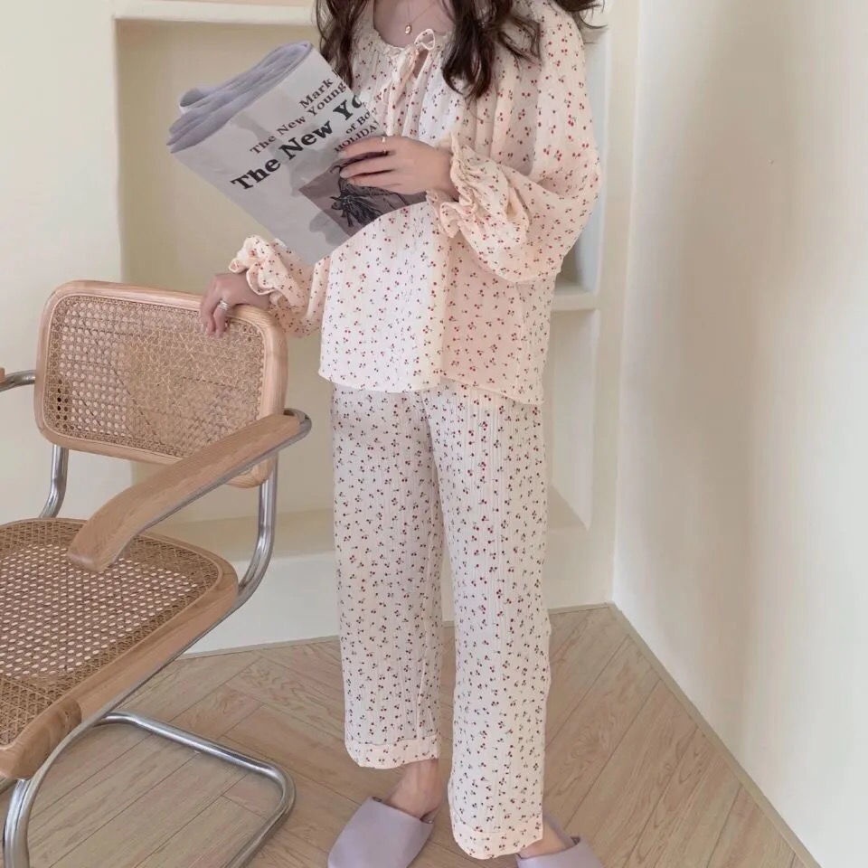 Bộ Đồ Ngủ Nữ Tay Dài Họa Tiết Quả Anh Đào Xinh Xắn Dịu Dàng Nhiều Màu Tùy Chọn