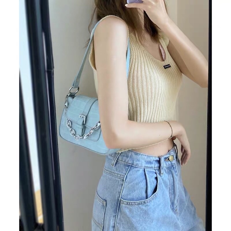 Túi xách kẹp nách phối xích form chất đẹp vân sần cá tính màu xanh dương, trắng, đen, nâu