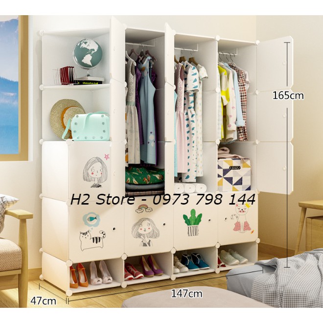 [MẪU ĐỘC] TỦ NHỰA LẮP GHÉP 16 Ô + 4 GIÀY ( GỒM 2 KỆ GÓC) TRẮNG ĐỤC CỬA CÔNG CHÚA NHỎ TREO ĐỒ ĐA NĂNG THÔNG MINH sâu 47cm
